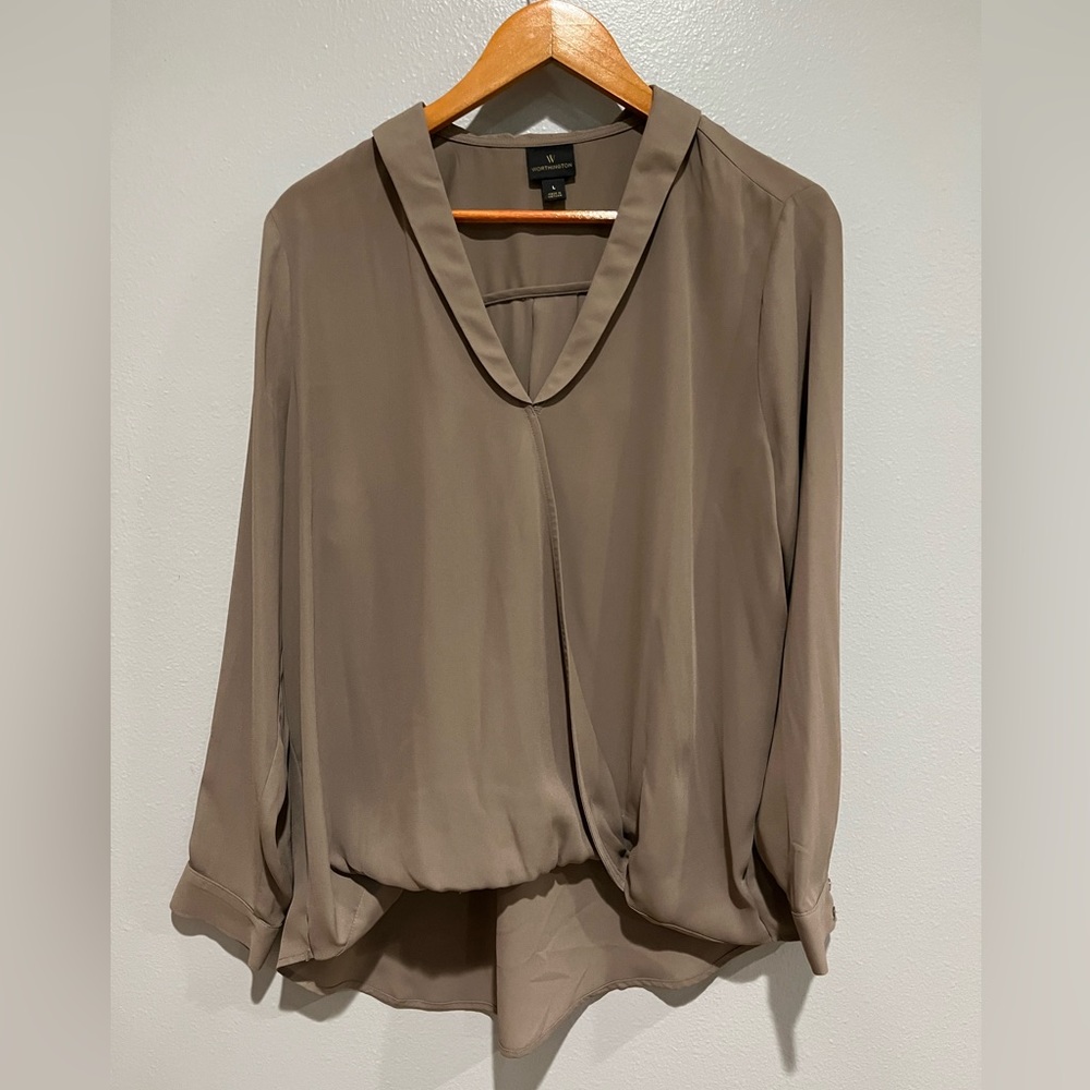 v-neck blouse tan